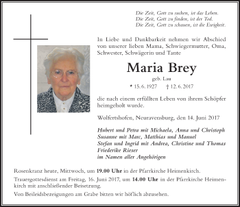 Traueranzeige von Maria Brey von Der Westallgäuer