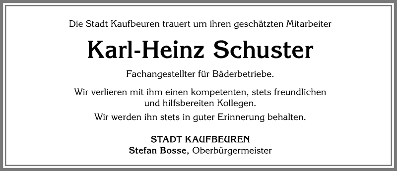 Traueranzeige für Karl-Heinz Schuster vom 10.06.2017 aus Allgäuer Zeitung, Kaufbeuren/Buchloe