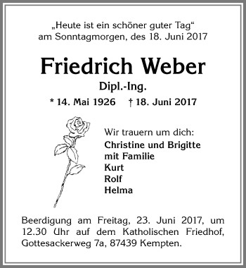 Traueranzeige von Friedrich Weber von Allgäuer Zeitung,Kempten