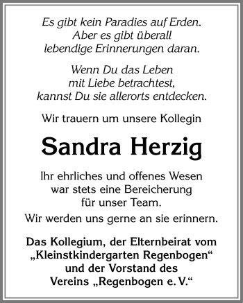 Traueranzeige von Sandra Herzig von Allgäuer Zeitung, Kaufbeuren/Buchloe
