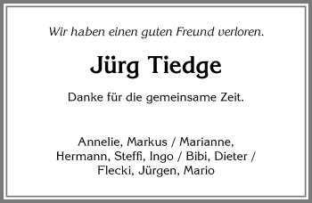 Traueranzeige von Jürg Tiedge von Allgäuer Zeitung, Füssen