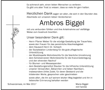 Traueranzeige von Ambros Biggel von Der Westallgäuer