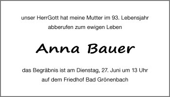 Traueranzeige von Anna Bauer von Memminger Zeitung