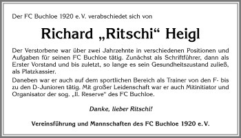 Traueranzeige von Richard Heigl von Allgäuer Zeitung, Kaufbeuren/Buchloe
