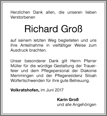 Traueranzeige von Richard Groß von Memminger Zeitung