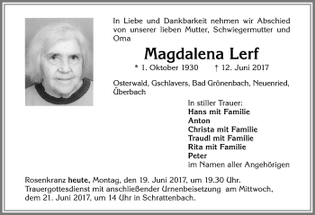 Traueranzeige von Magdalena Lerf von Allgäuer Zeitung,Kempten