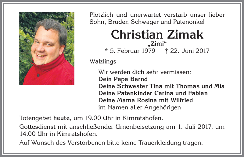  Traueranzeige für Christian Zimak vom 30.06.2017 aus Allgäuer Zeitung,Kempten
