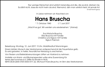 Traueranzeige von Hans Bruscha von Memminger Zeitung