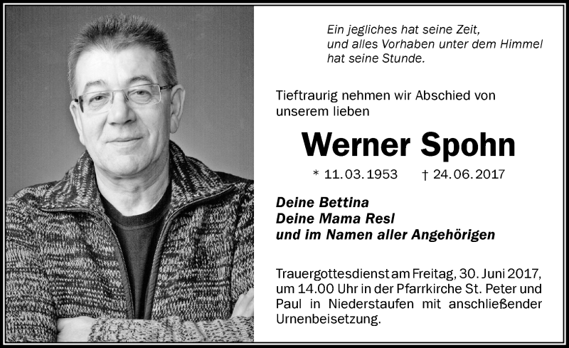  Traueranzeige für Werner Spohn vom 27.06.2017 aus Der Westallgäuer