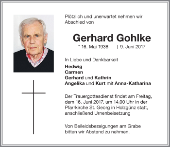 Traueranzeige von Gerhard Gohlke von Memminger Zeitung