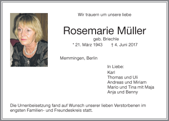 Traueranzeige von Rosemarie Müller von Memminger Zeitung