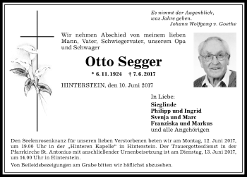 Traueranzeige von Otto Segger von Allgäuer Anzeigeblatt