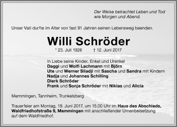 Traueranzeige von Willi Schröder von Memminger Zeitung