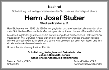 Traueranzeige von Josef Stuber von Memminger Zeitung