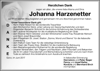 Traueranzeige von Johanna Harzenetter von Memminger Zeitung