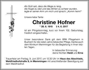 Traueranzeige von Christine Hofner von Memminger Zeitung