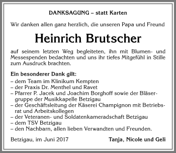 Traueranzeige von Heinrich Brutscher von Allgäuer Zeitung,Kempten