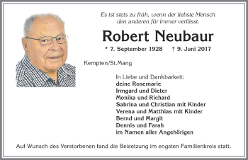 Traueranzeige von Robert Neubaur von Allgäuer Zeitung,Kempten