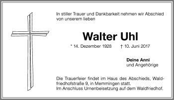 Traueranzeige von Walter Uhl von Memminger Zeitung
