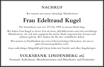 Traueranzeige von Edeltraud Kugel von Der Westallgäuer