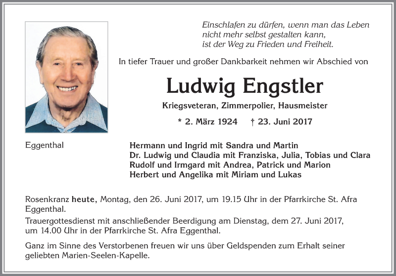  Traueranzeige für Ludwig Engstler vom 26.06.2017 aus Allgäuer Zeitung, Kaufbeuren/Buchloe
