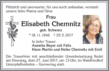 Traueranzeige von Elisabeth Chemnitz von Allgäuer Zeitung, Kaufbeuren/Buchloe