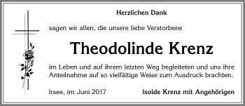 Traueranzeige von Theodolinde Krenz von Allgäuer Zeitung, Kaufbeuren/Buchloe
