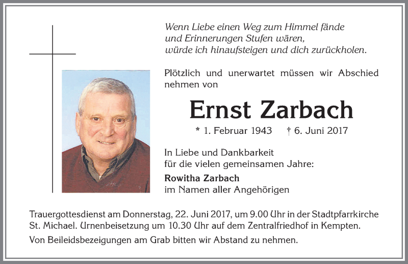  Traueranzeige für Ernst Zarbach vom 20.06.2017 aus Allgäuer Zeitung,Kempten