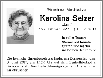 Traueranzeige von Karolina Selzer von Allgäuer Zeitung,Kempten