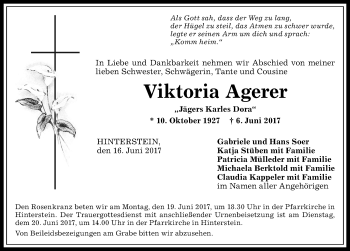 Traueranzeige von Viktoria Agerer von Allgäuer Anzeigeblatt