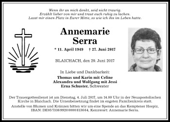 Traueranzeige von Annemarie Serra von Allgäuer Anzeigeblatt