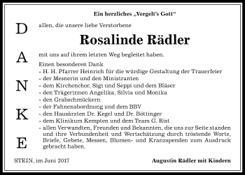 Traueranzeige von Rosalinde Rädler von Allgäuer Anzeigeblatt