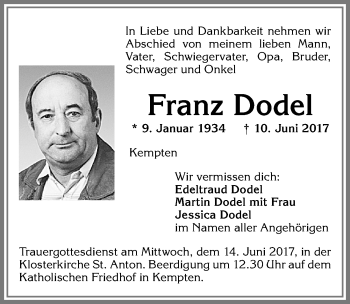 Traueranzeige von Franz Dodel von Allgäuer Zeitung,Kempten