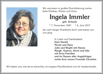 Traueranzeige von Ingela Immler von Allgäuer Zeitung, Füssen