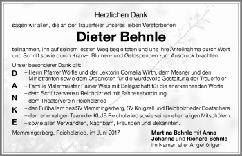 Traueranzeige von Dieter Behnle von Memminger Zeitung