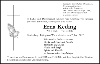 Traueranzeige von Erna Keding von Der Westallgäuer