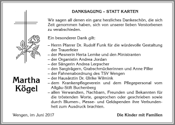 Traueranzeige von Martha Kögel von Allgäuer Zeitung,Kempten