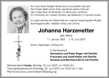 Traueranzeige von Johanna Harzenetter von Memminger Zeitung