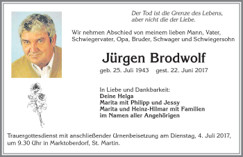 Traueranzeige von Jürgen Brodwolf von Allgäuer Zeitung, Marktoberdorf