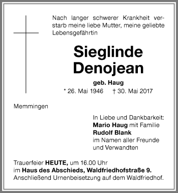 Traueranzeige von Sieglinde Denojean von Memminger Zeitung