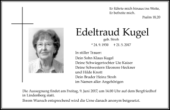 Traueranzeige von Edeltraud Kugel von Der Westallgäuer