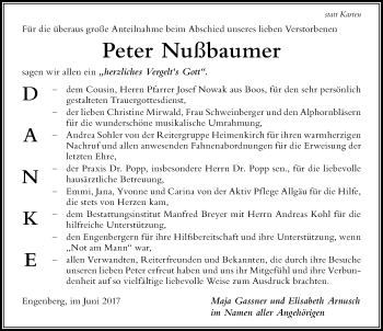 Traueranzeige von Peter Nußbaumer von Der Westallgäuer
