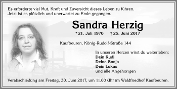 Traueranzeige von Sandra Herzig von Allgäuer Zeitung, Kaufbeuren/Buchloe