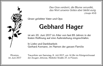 Traueranzeige von Gebhard Hager von Allgäuer Zeitung, Füssen