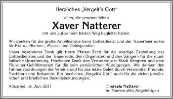 Traueranzeige von Xaver Natterer von Allgäuer Zeitung,Kempten
