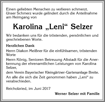 Traueranzeige von Karolina Selzer von Allgäuer Zeitung,Kempten
