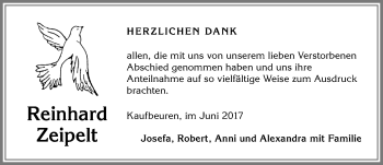 Traueranzeige von Reinhard Zeipelt von Allgäuer Zeitung, Kaufbeuren/Buchloe