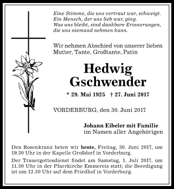 Traueranzeige von Hedwig Gschwender von Allgäuer Anzeigeblatt
