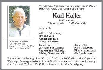 Traueranzeige von Karl Hailer von Allgäuer Zeitung,Kempten