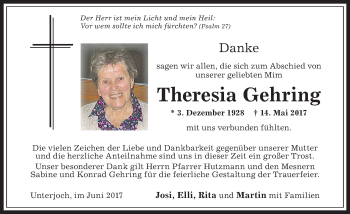 Traueranzeige von Theresia Gehring von Allgäuer Anzeigeblatt